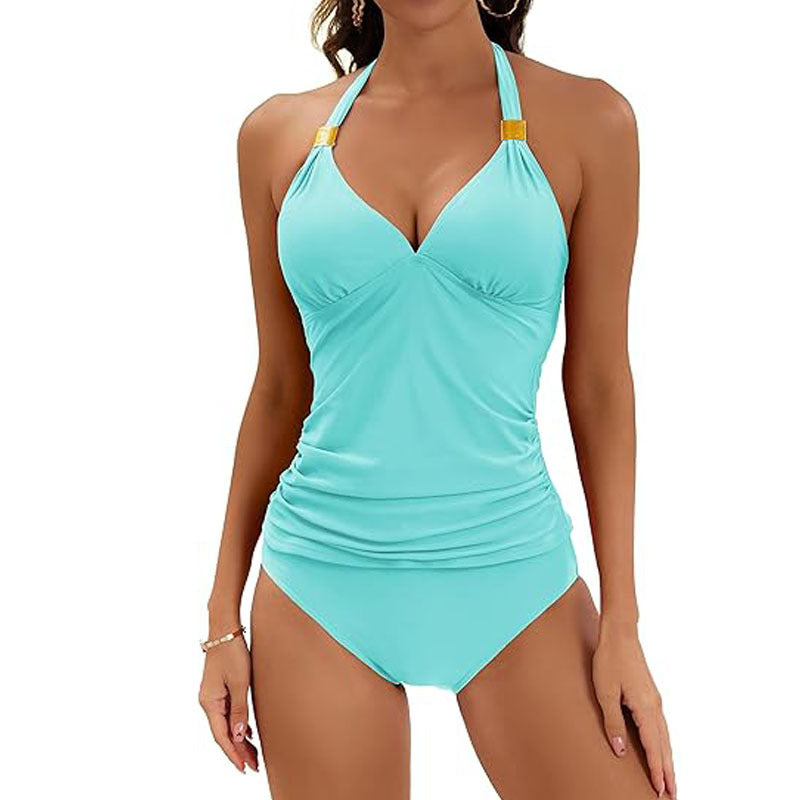 Women's Solid Color Halter Neck Tankini Two Piece Swimsuit  in 7 Colors S-XXL