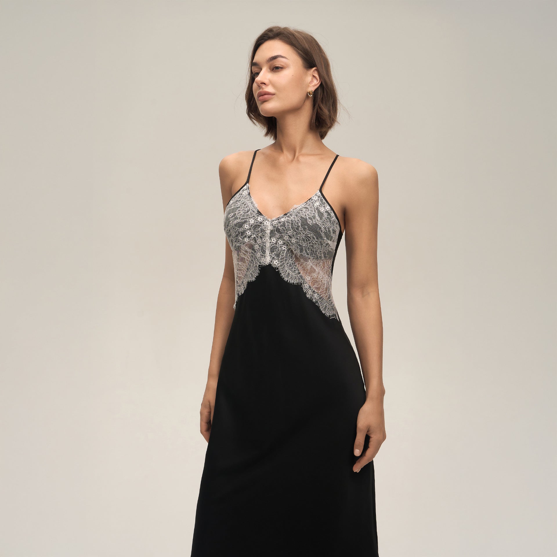 Satin-chiffon Lace Patchwork Slip Dress With A Backless Designperfect As Loungewear
