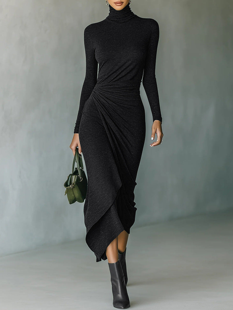 Womens High Neck Defined Waist Asymmetrical Wrap Dress