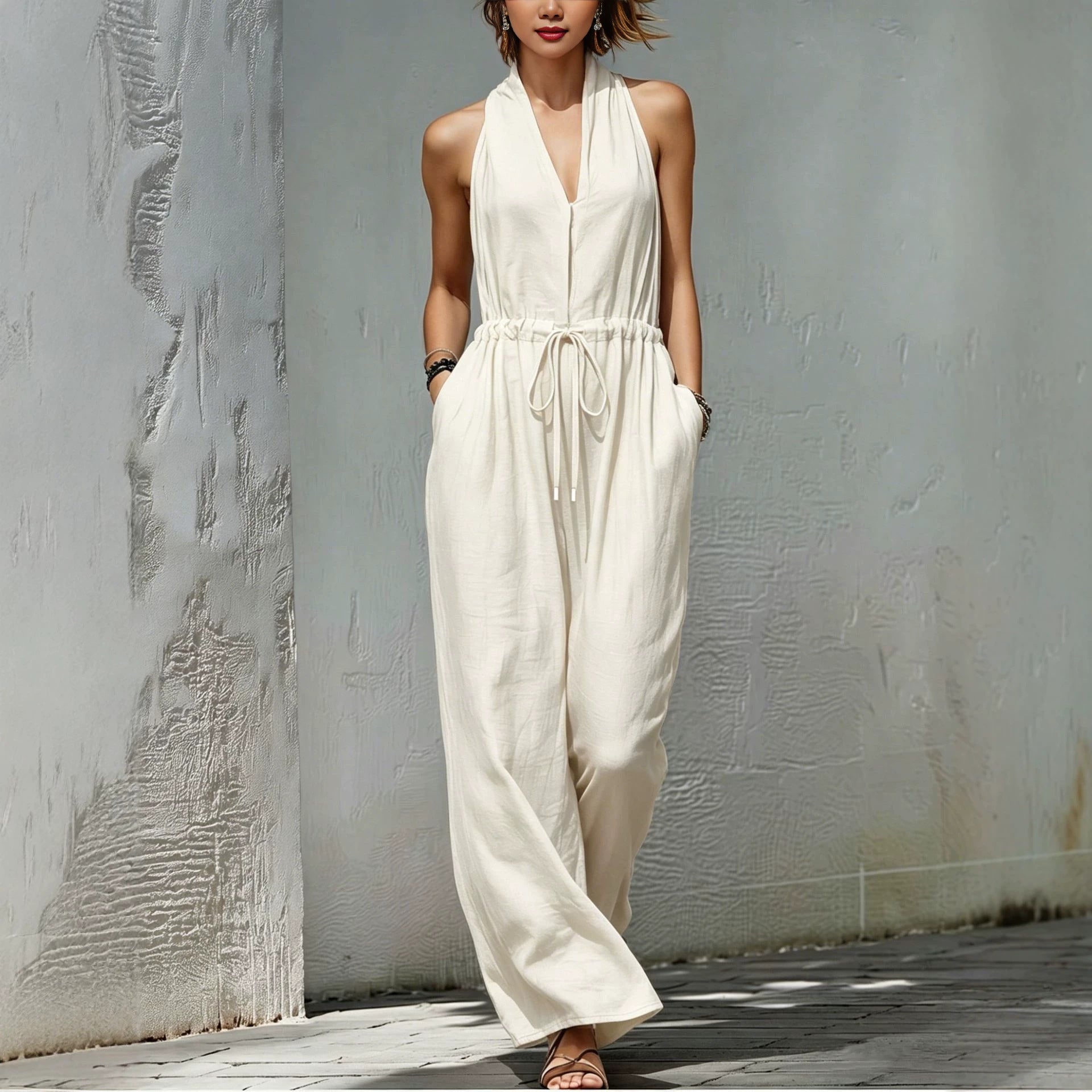 Womens Sleeveless Solid-Color Long Holiday Jumpsuit