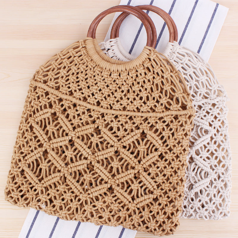 Women’s Macrame  Handbag with Wooden Ring Handle - Wazzi's Wear