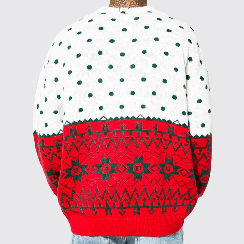 Men's knitted jacquard pullover sweater with festive red and white pattern, loose fit, long sleeves, perfect for autumn and winter.