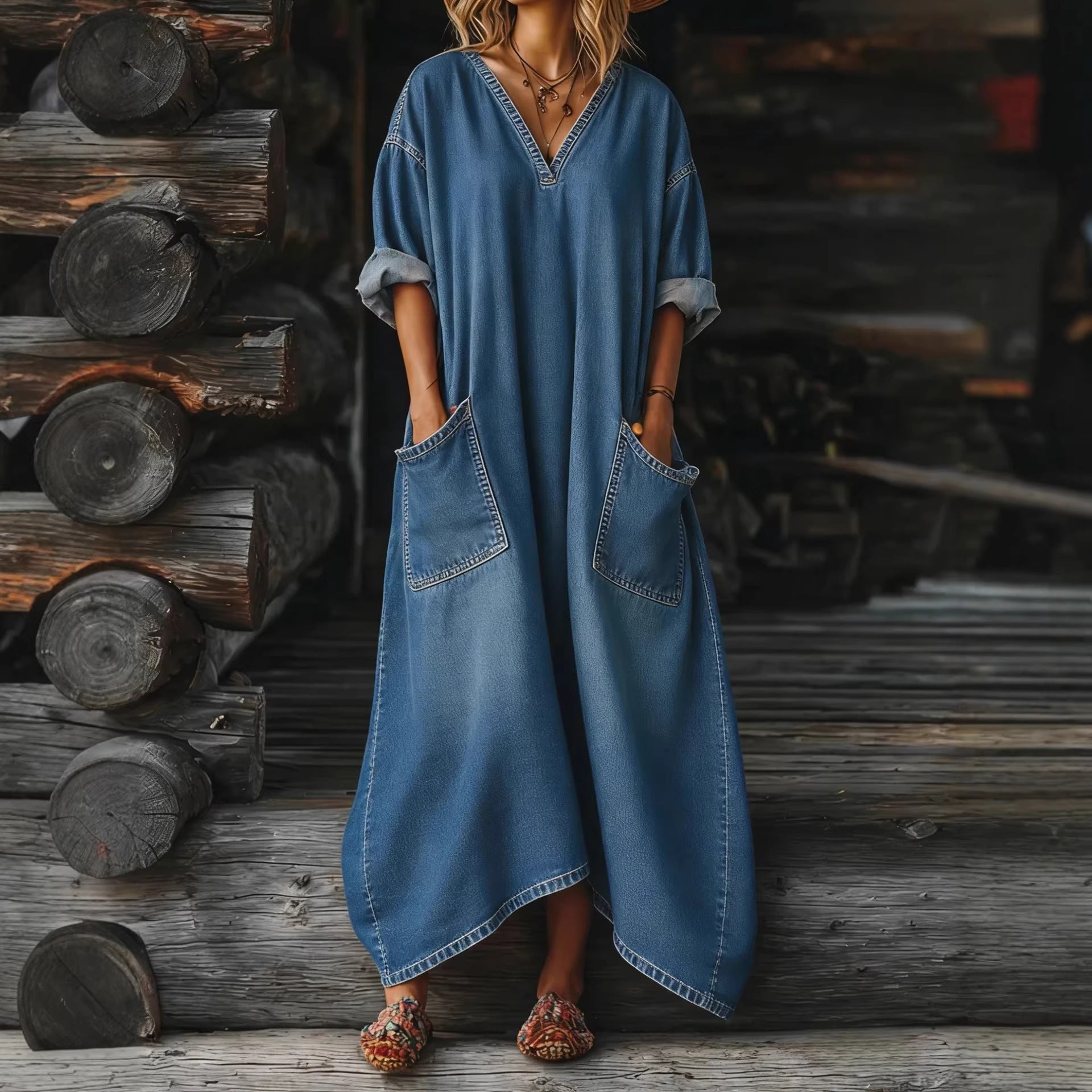 Casual Loose-fit Midi Denim Dress