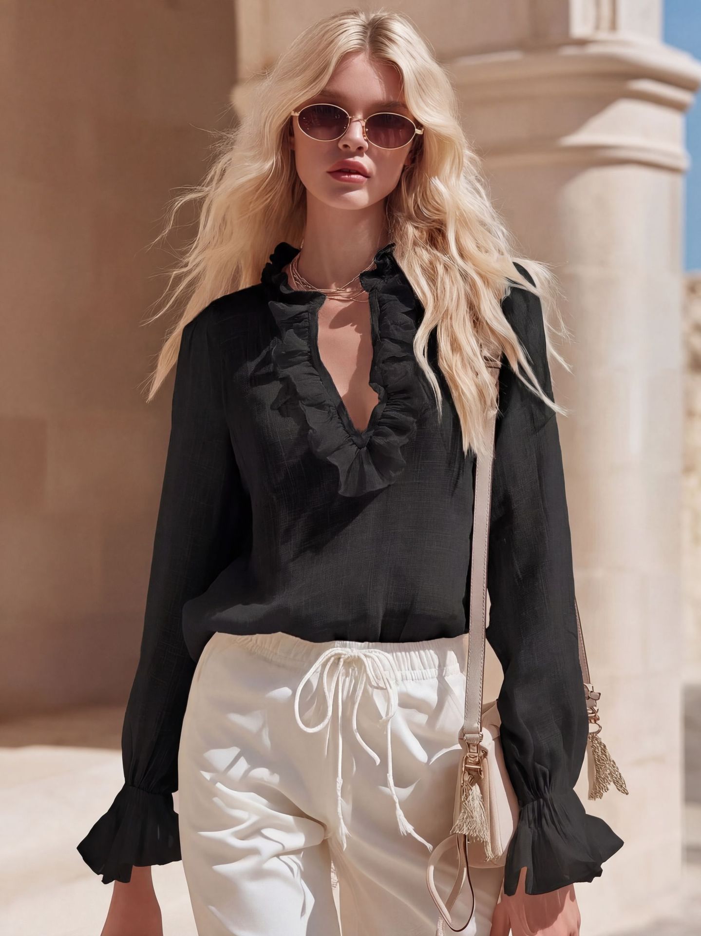 French Romantic Linen Ruffle-Trimmed V-Neck Shirt