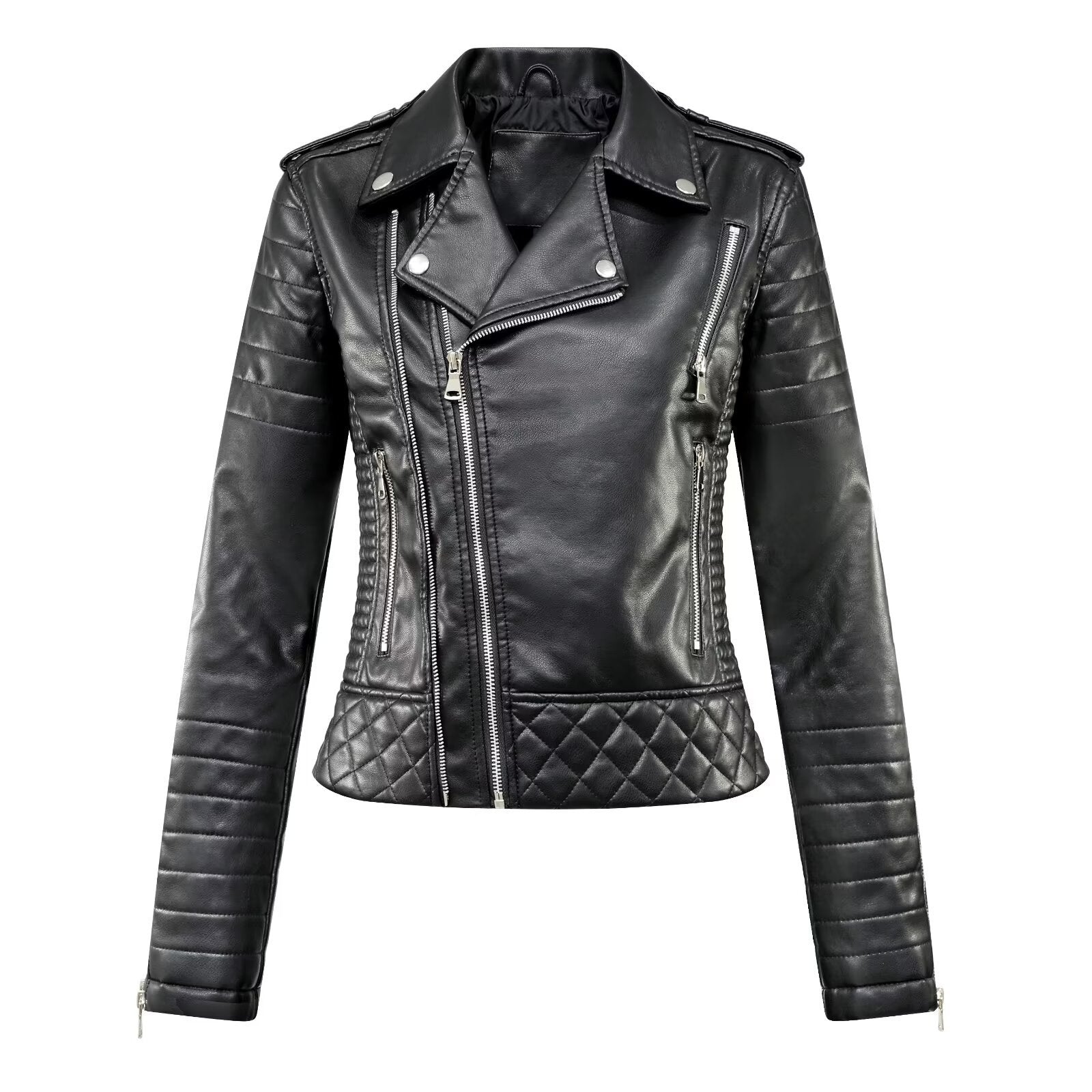 Turn-down Collar Motorcycle PU Leather Jacket Womens