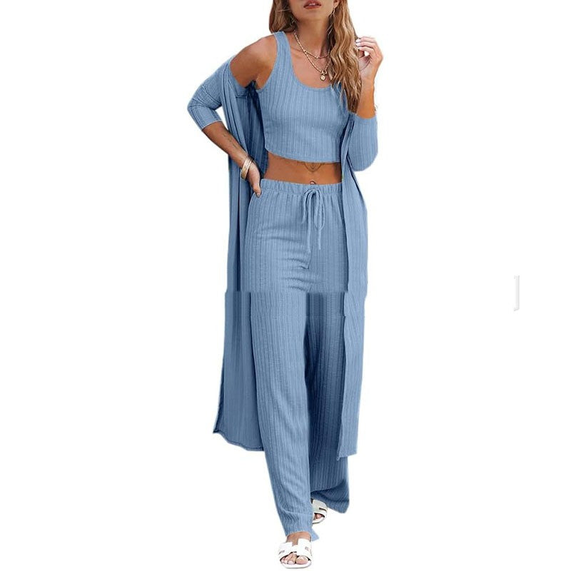 Vest Pants And Robe Three-piece Womens Loungewear Set