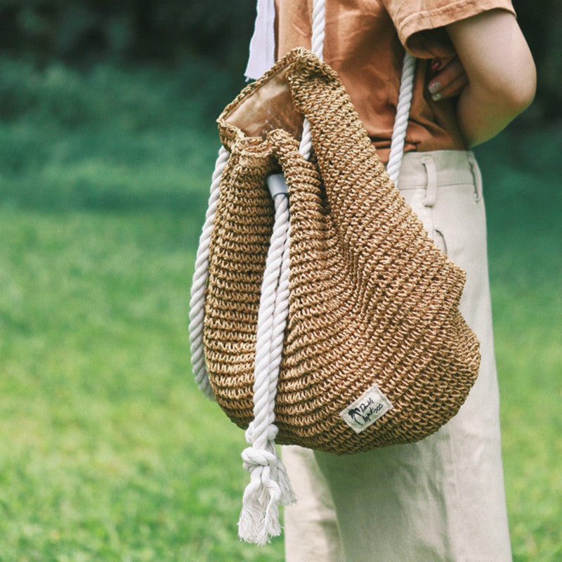 Woven Beach Bag with Rope Drawstring in 4 Colors - Wazzi's Wear