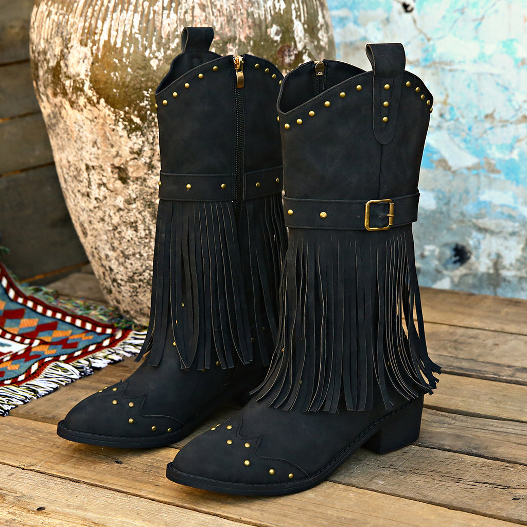 Women’s Mid-Calf Cowboy Boots with Tassels in 2 Colors - Wazzi's Wear