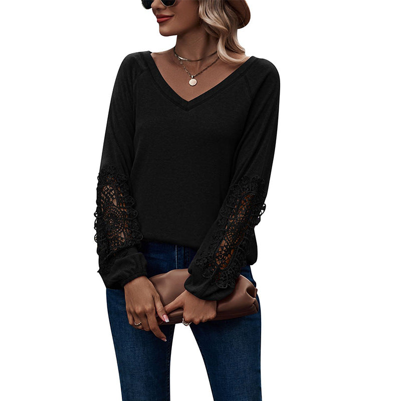 Women’s V-Neck Long Sleeve Top with Lace Detail in 5 Colors Sizes 4-20 - Wazzi's Wear