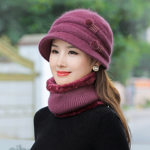 Women's Fleece Lined Woolen Hat with Matching Scarf  in 6 Colors - Wazzi's Wear