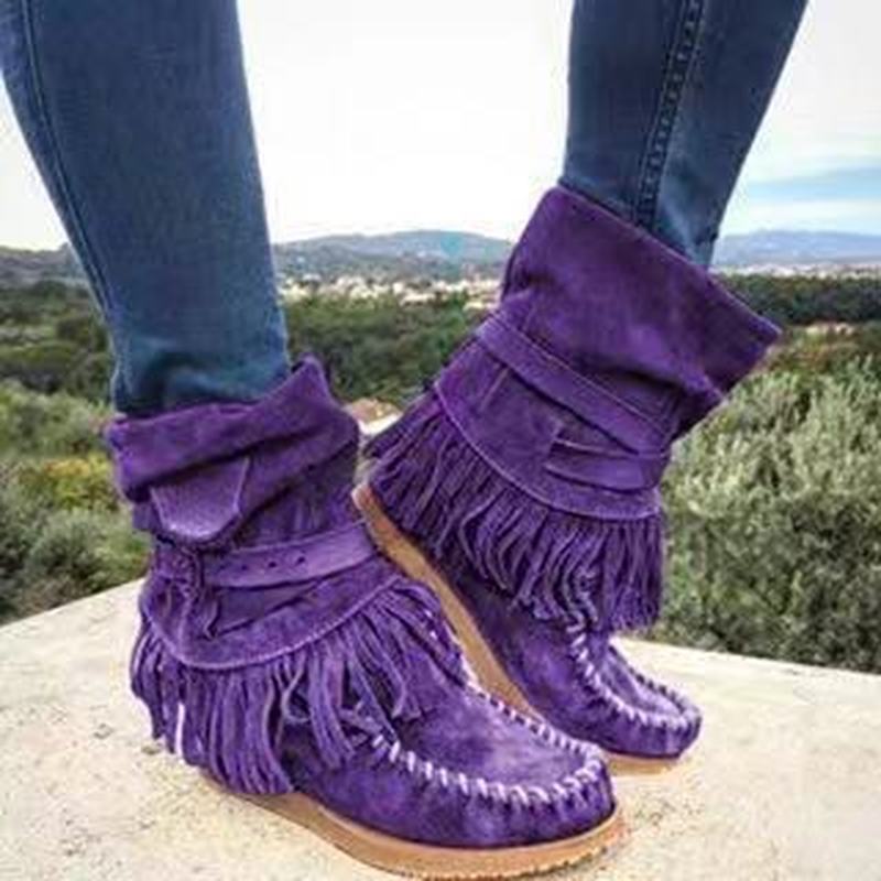 Women’s Suede Mid-Calf Moccasin Boots with Tassels in 5 Colors - Wazzi's Wear