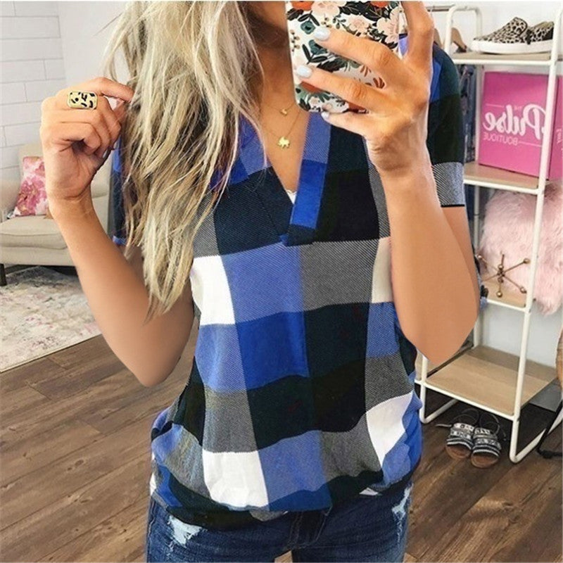 Women's Plaid Printed V-Neck Short Sleeve Top in 8 Colors S-5XL - Wazzi's Wear