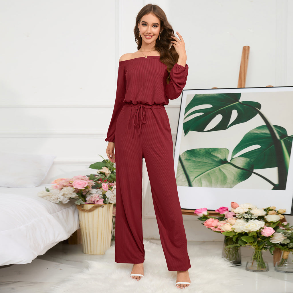 Women’s Ribbed Off-the-Shoulder Long Sleeve Jumpsuit with Wide Legs in 5 Colors S-2XL - Wazzi's Wear