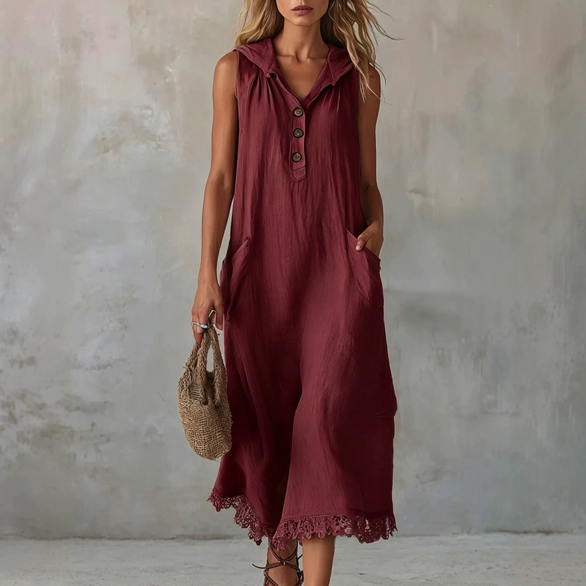 Casual Patchwork Lace-trimmed Linen And Cotton Hooded Dress