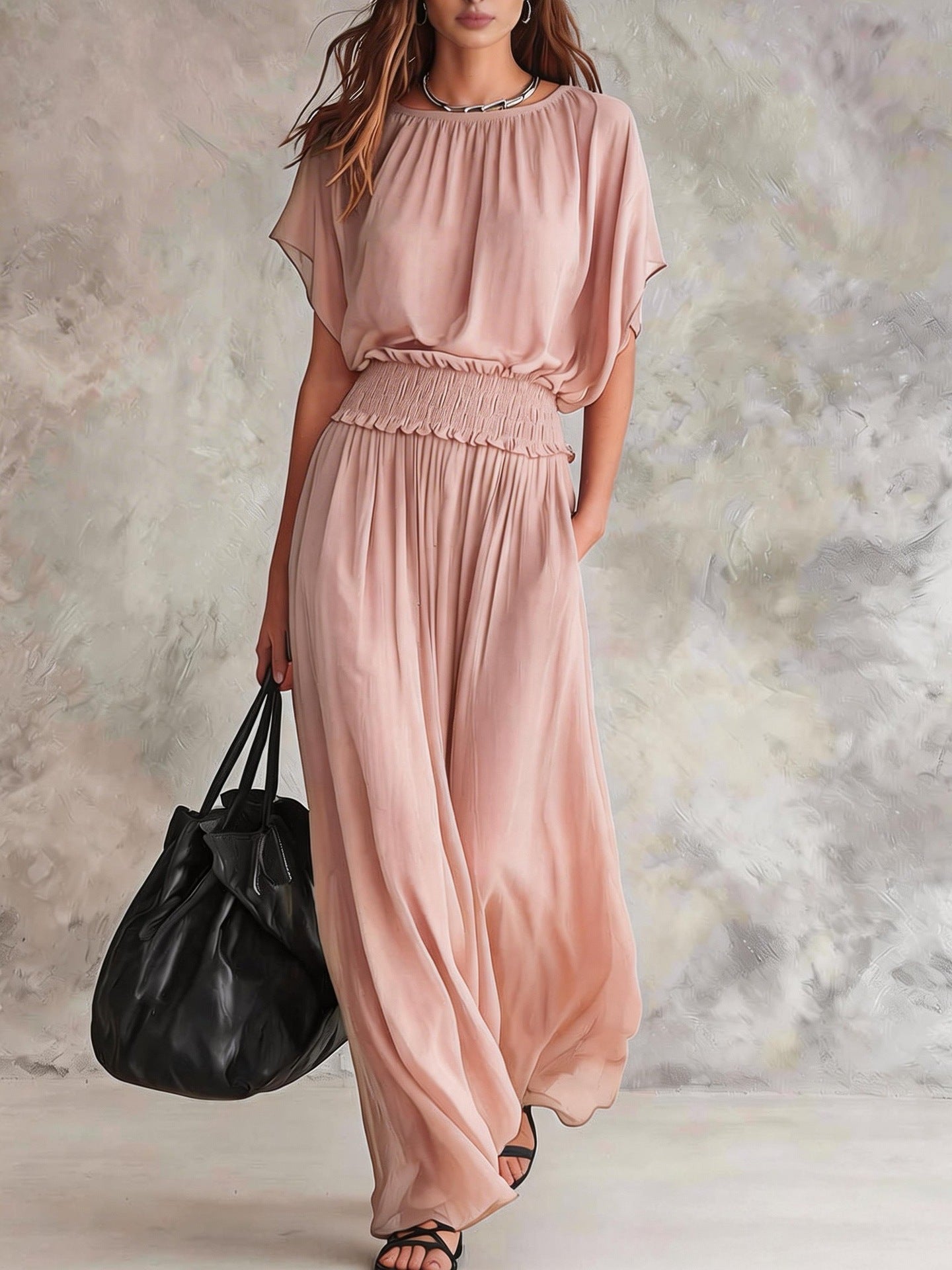 Womens Chiffon Waist-Cinching Ruched Elegant And Sophisticated Long Dress