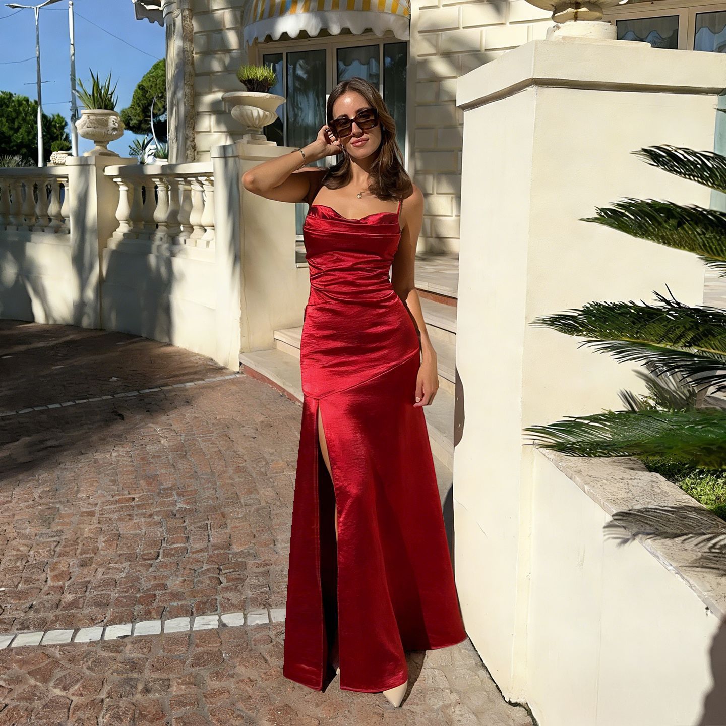 Fully Managed Suspender Backless Strappy Slit Light Formal Dress Satin Gown