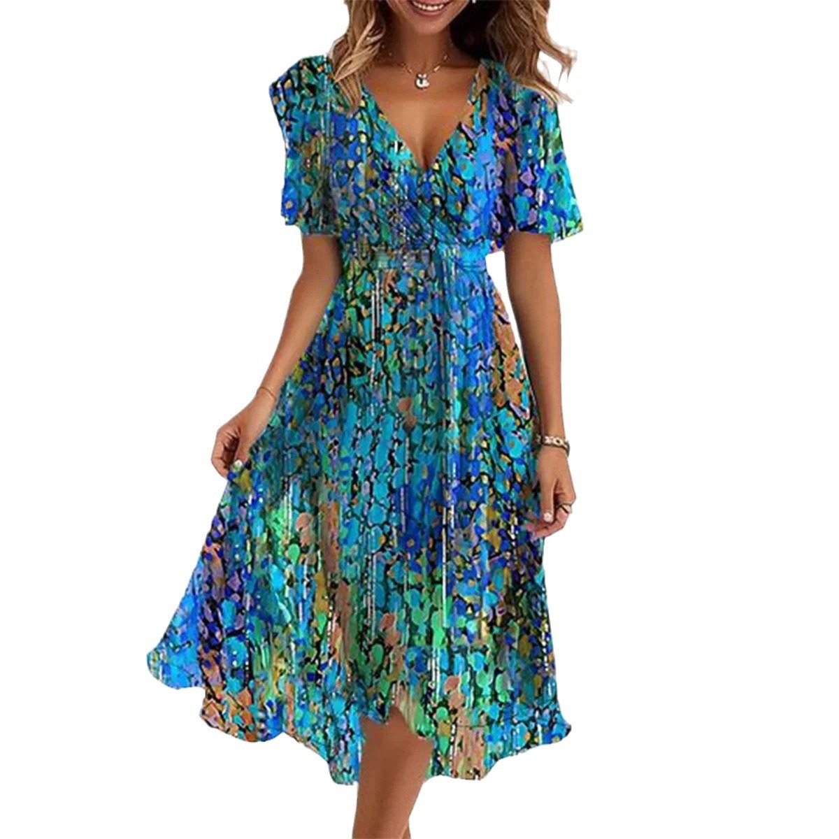 Women's Chiffon V-Neck Short Sleeve Midi Dress