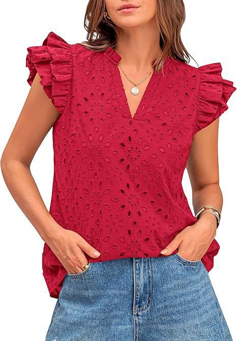 Women's Eyelet Top Fashion Casual V-neck Pleated Cover Sleeve Lace Embroidered Shirt