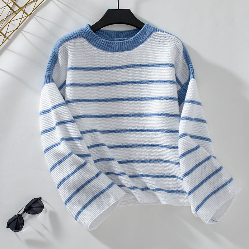 Women's Loose Fit Round Neck Striped Sweater