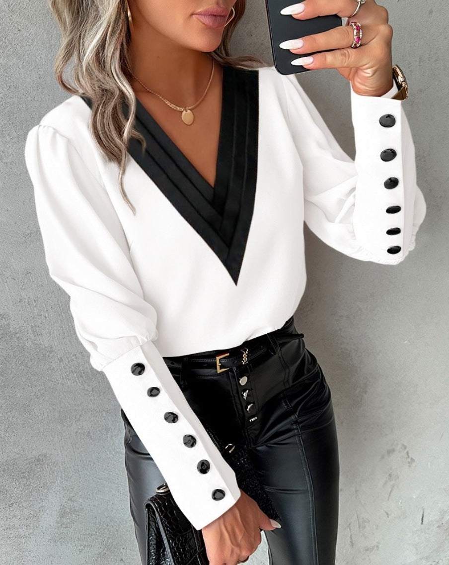 Women’s V-Neck Long Sleeve Blouse With Decorative Buttons