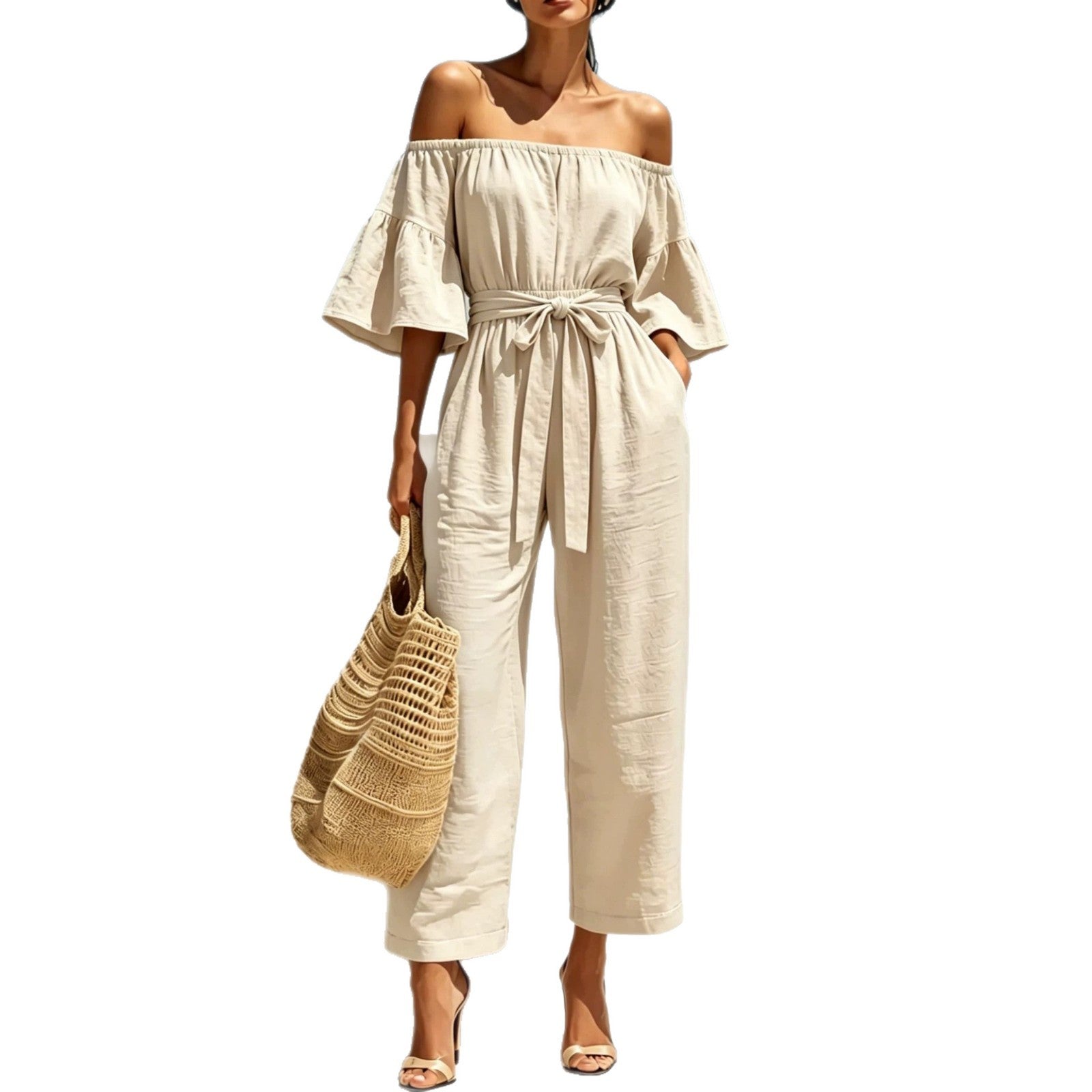 Womens Lace-Up Off-Shoulder Ruffle Jumpsuit