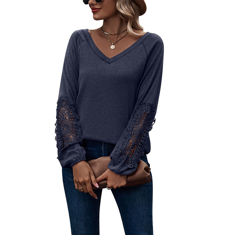 Women’s V-Neck Long Sleeve Top with Lace Detail in 5 Colors Sizes 4-20 - Wazzi's Wear