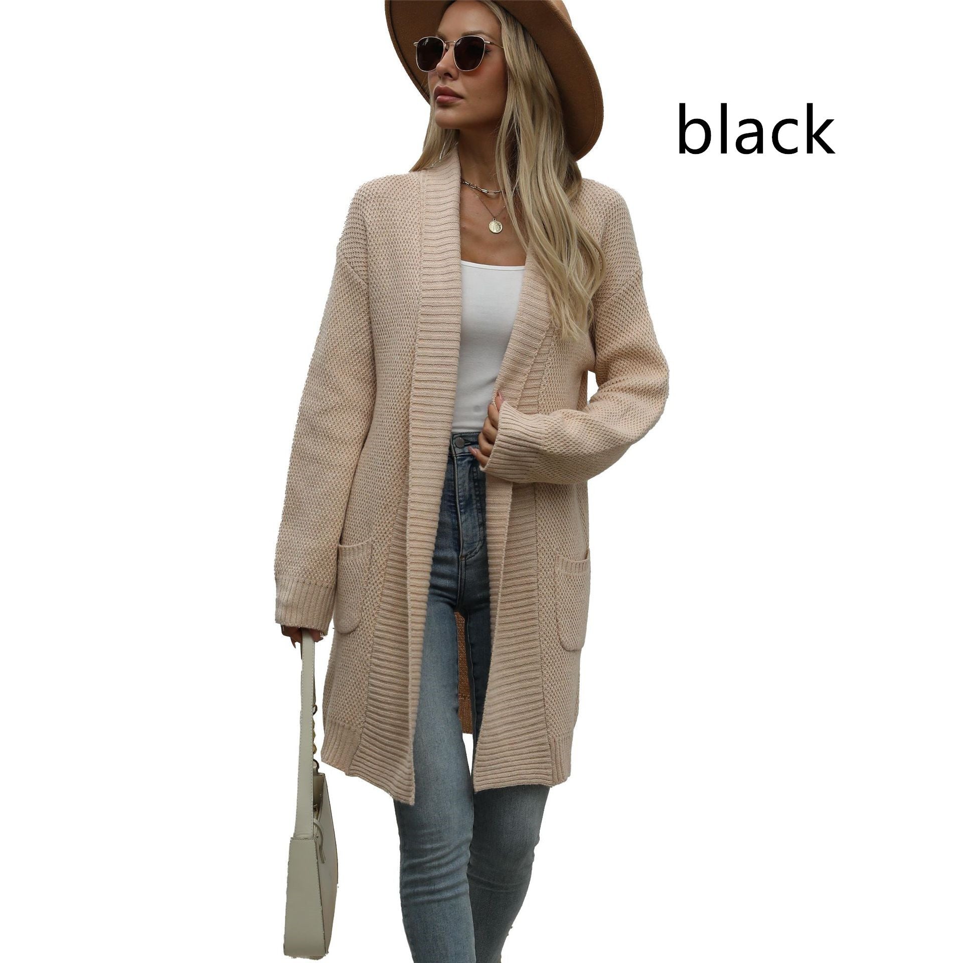 Women’s Solid Colour Mid-Thigh Knit Cardigan with Pockets