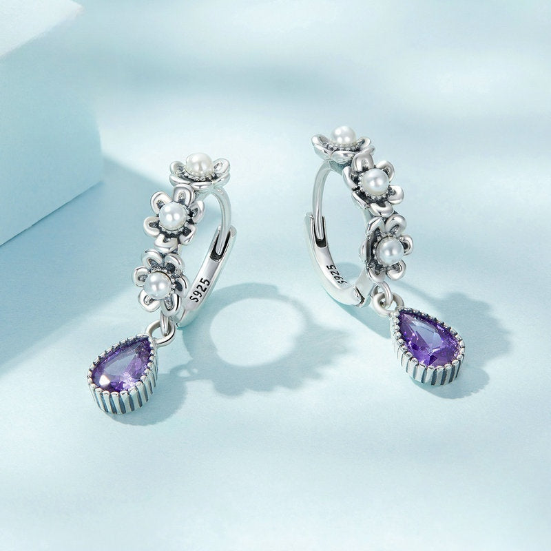 Sterling Silver Purple Zircon Flower Drop Earrings - Wazzi's Wear