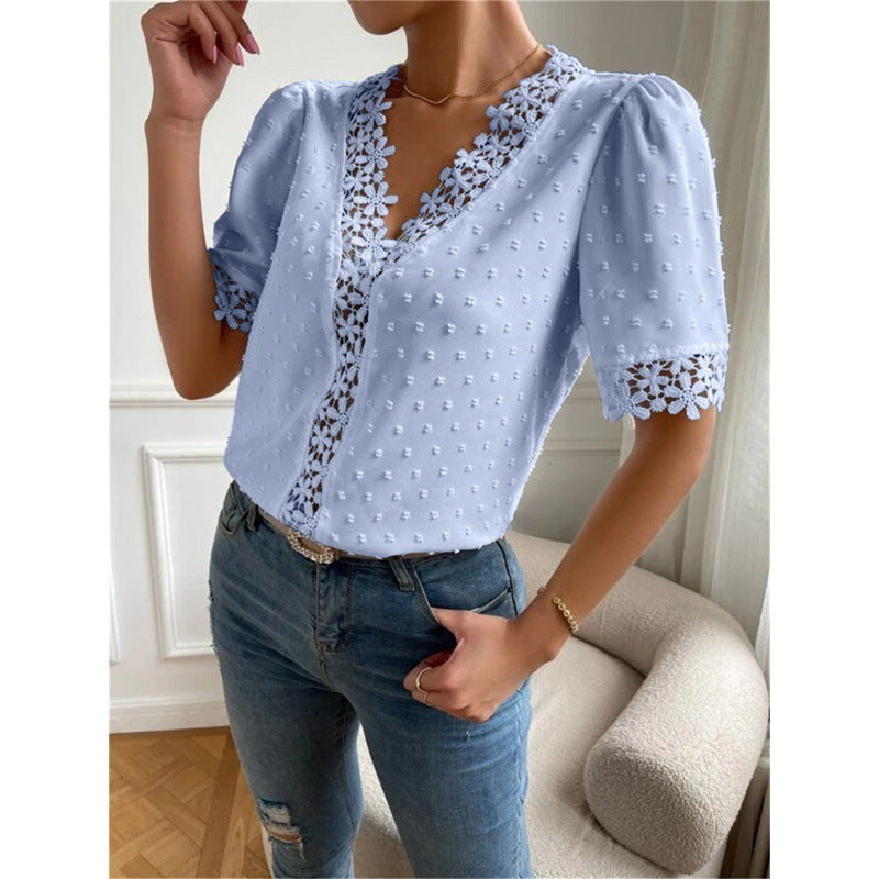 Women's V-Neck Short Sleeve Blouse with Lace