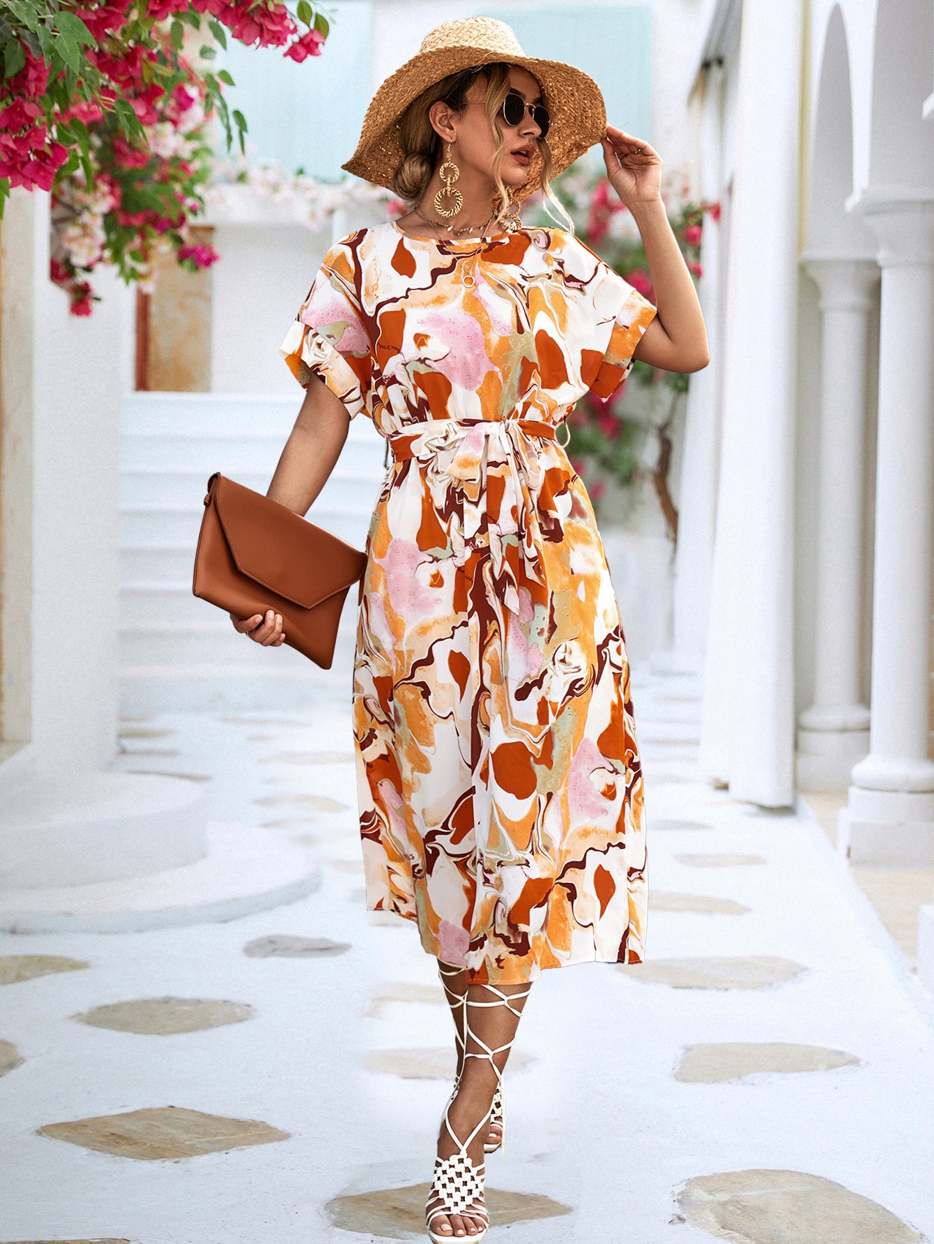 Women’s Printed Short Sleeve Midi Dress with Waist Tie in 2 Colors S-XL