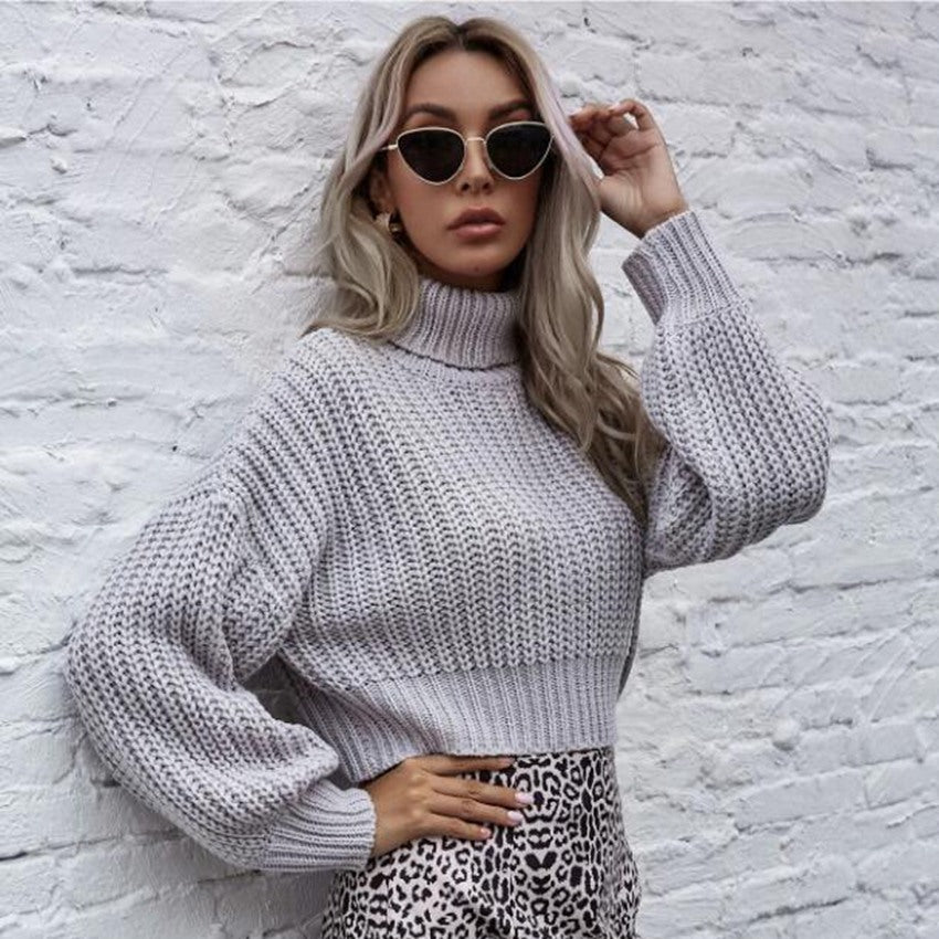 Turtleneck Midriff-baring Knitted Sweater Short