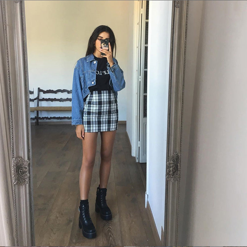 Women's New Style High Waist Bag Hip All-match Slim Plaid Skirt