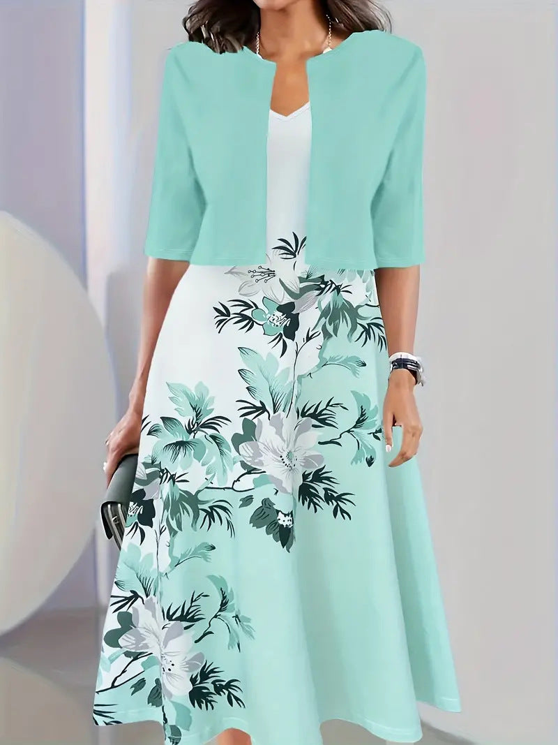 Women's Sleeveless Floral Midi Dress with Cardigan Two Piece Set