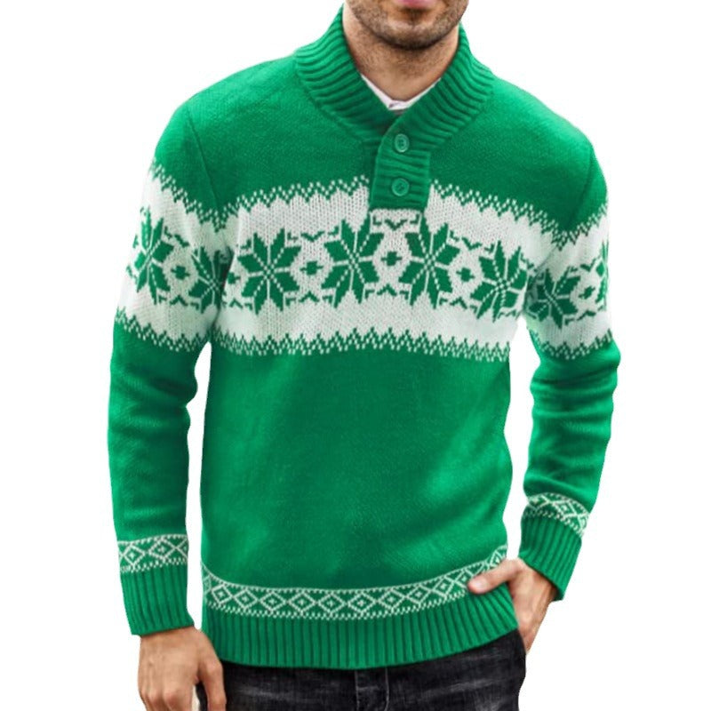 Green men's pullover sweater with white Christmas jacquard pattern and long sleeves