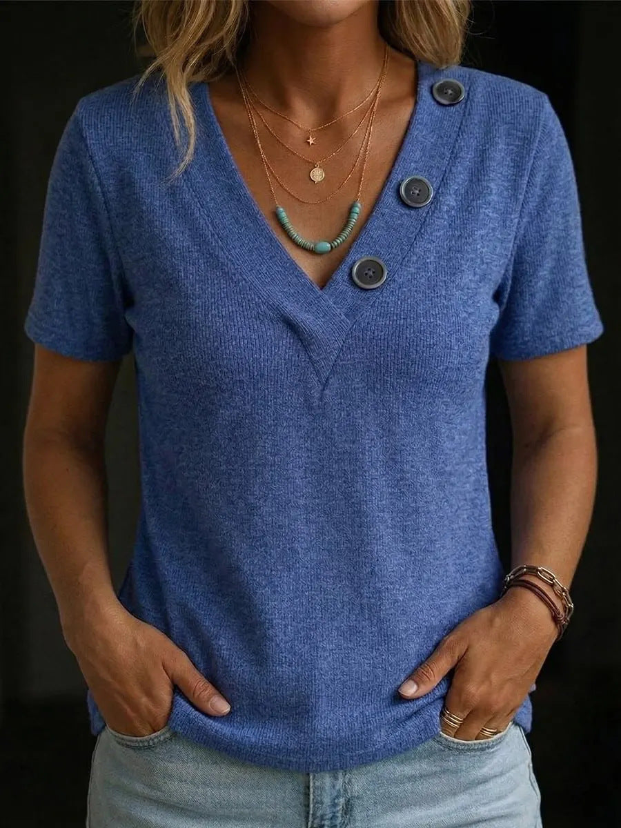 Women's Casual V-Neck Short-Sleeve T-Shirt With Buttons