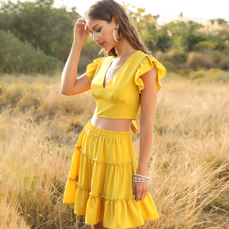 V-neck ruffle sleeve dress