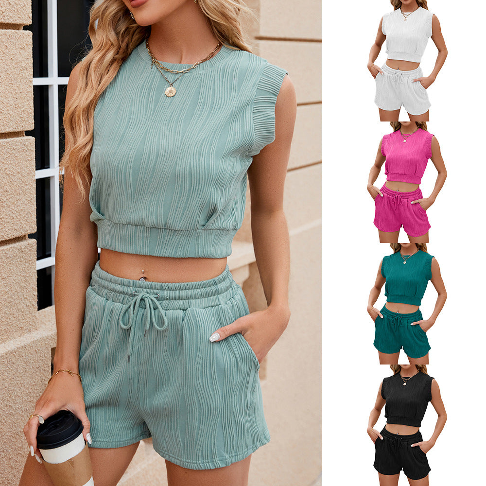 Women’s Sleeveless Crop Top with Drawstring Shorts Set in 5 Colors S-XXL - Wazzi's Wear