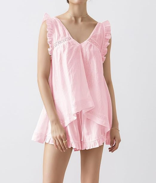 French-style Instagram Inspired New Sleeveless Hollow Out Backless Ruffled V Neck Pajama Set