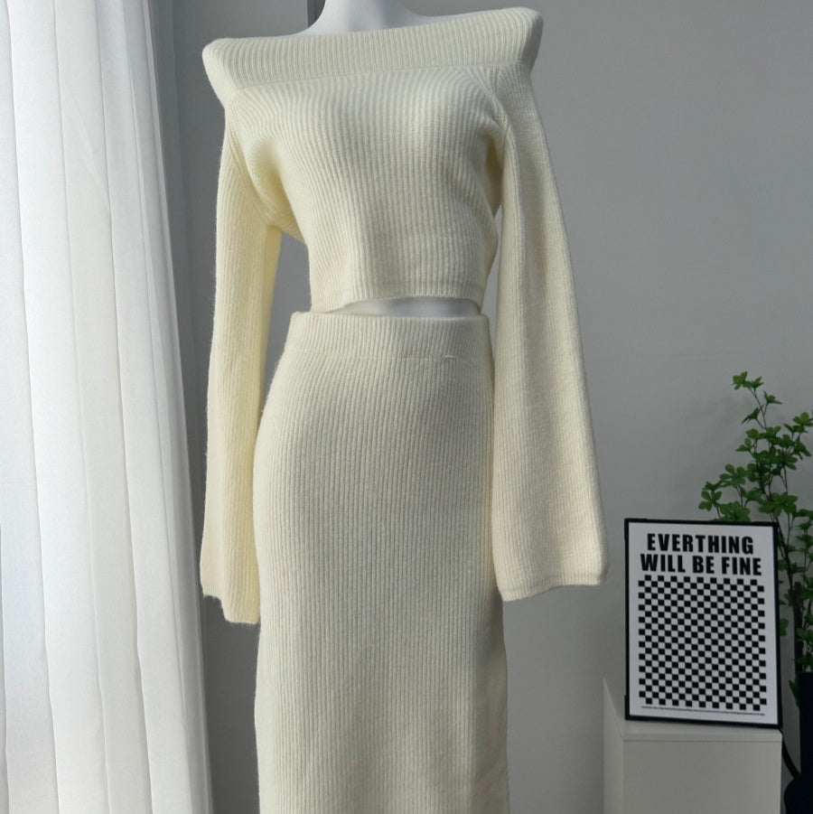 High-grade Off-shoulder Sweater Suit Women's Bag Hip Bottoming Skirt