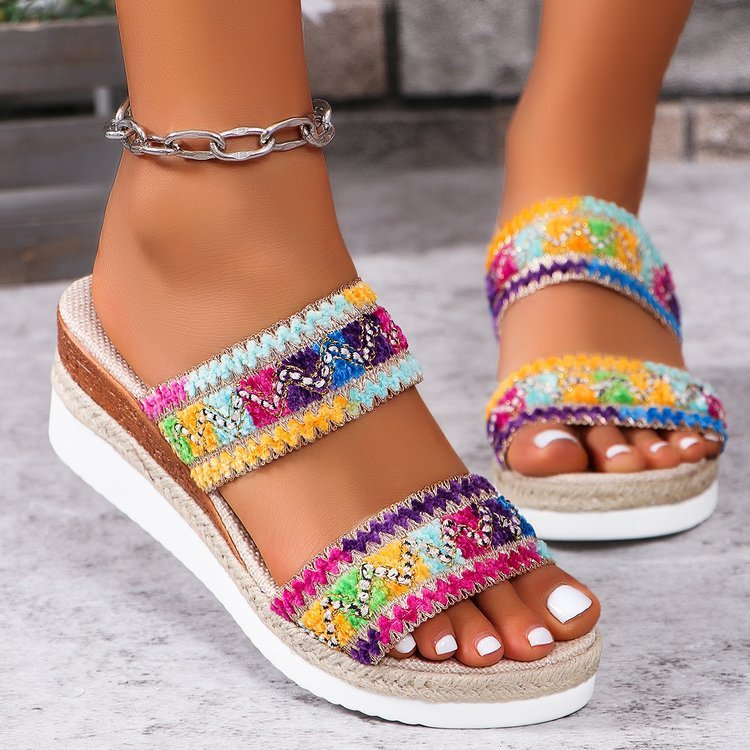 Women’s Woven Wide Linen Strap Ethnic Sandals with Wedge Heel