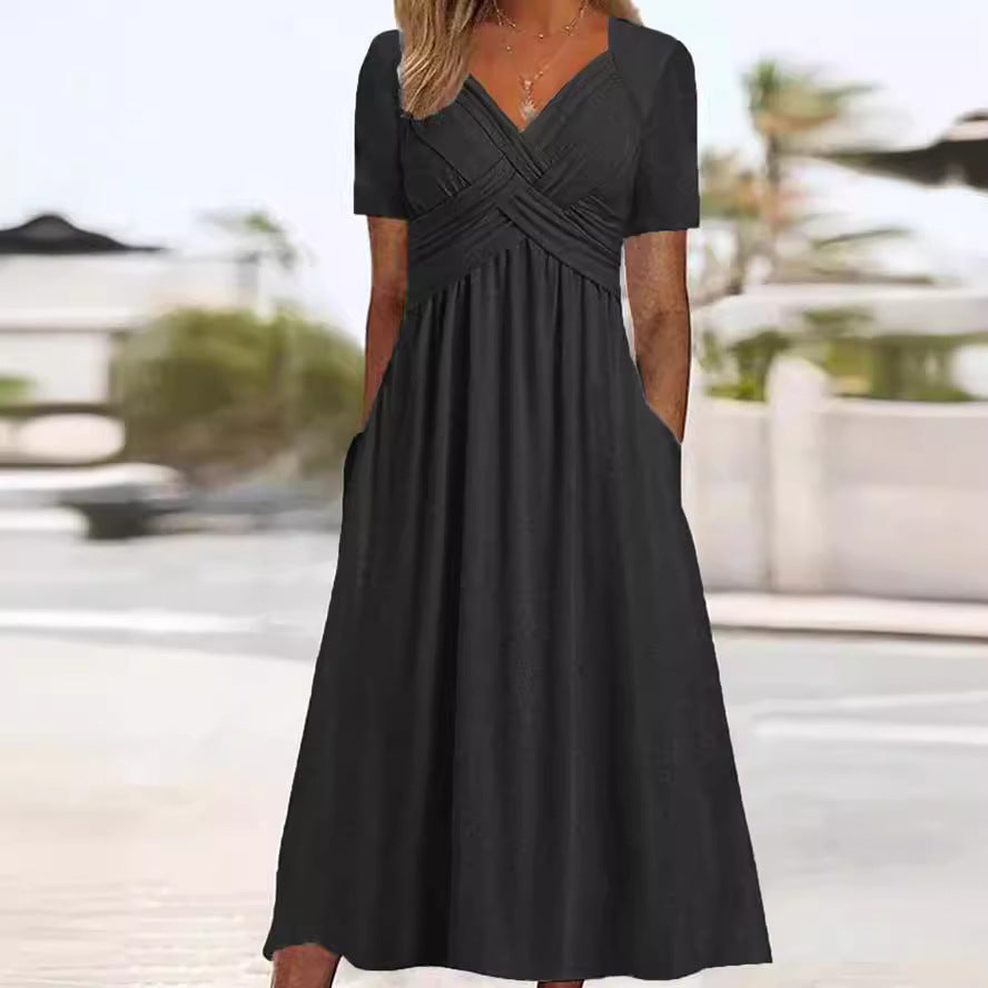 Women's Criss-Cross V-Neck Short Sleeve Midi Dress with Pockets