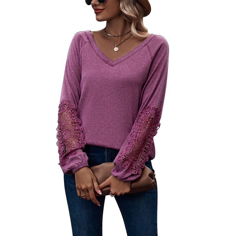 Women’s V-Neck Long Sleeve Top with Lace Detail in 5 Colors Sizes 4-20 - Wazzi's Wear