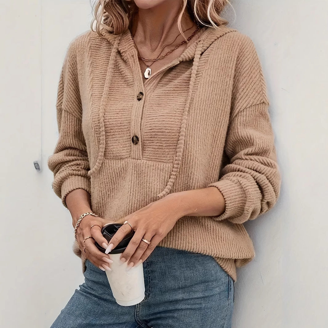Fall Winter Hooded Sunken Stripe Long-sleeved Sweater