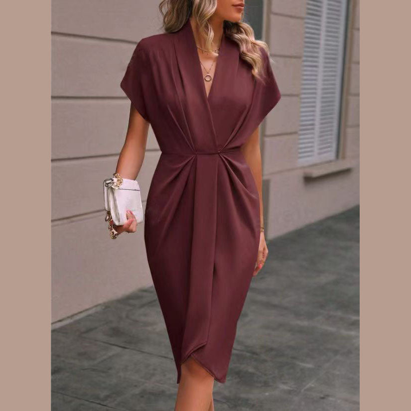 Women’s Elegant Pleated V-Neck Short Sleeve Wrap Midi Dress