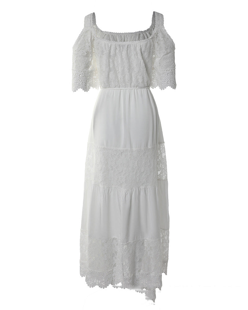 New Fashion Casual Off-the-shoulder Lace Stitching Cotton And Linen Tied Dress