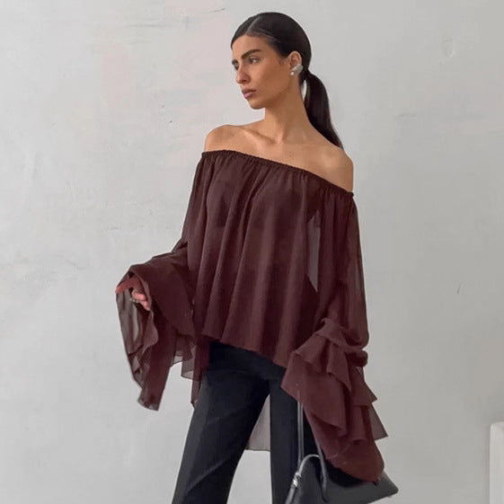 Sexy Dark Brown Off-shoulder Ruffle Top Women's Thin Long Sleeve Chiffon Shirt