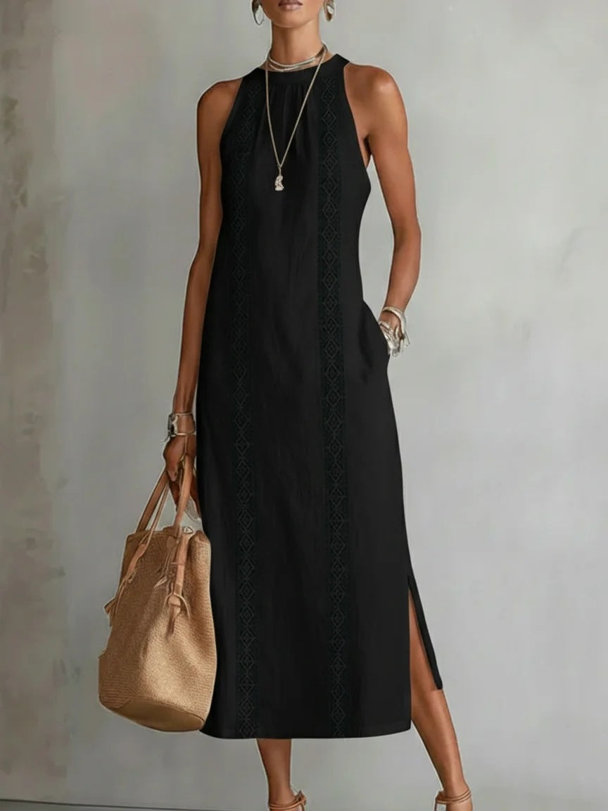 Womens Halterneck Holiday Lace-Patchwork Sleeveless Dress