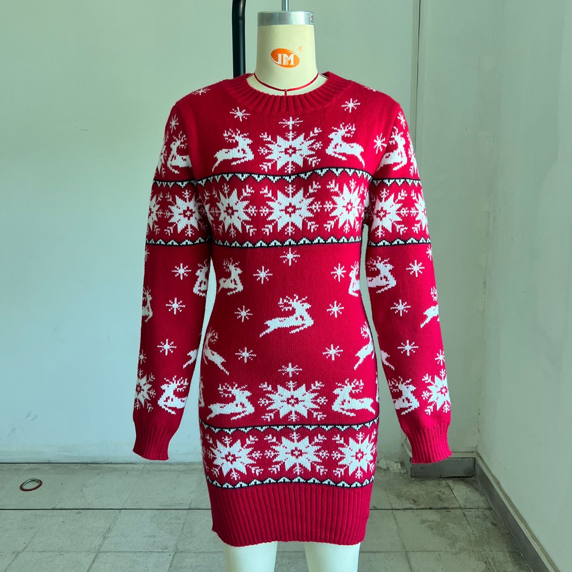 Women's Elk Christmas Tree Jacquard Long Sleeve Dress Sweater