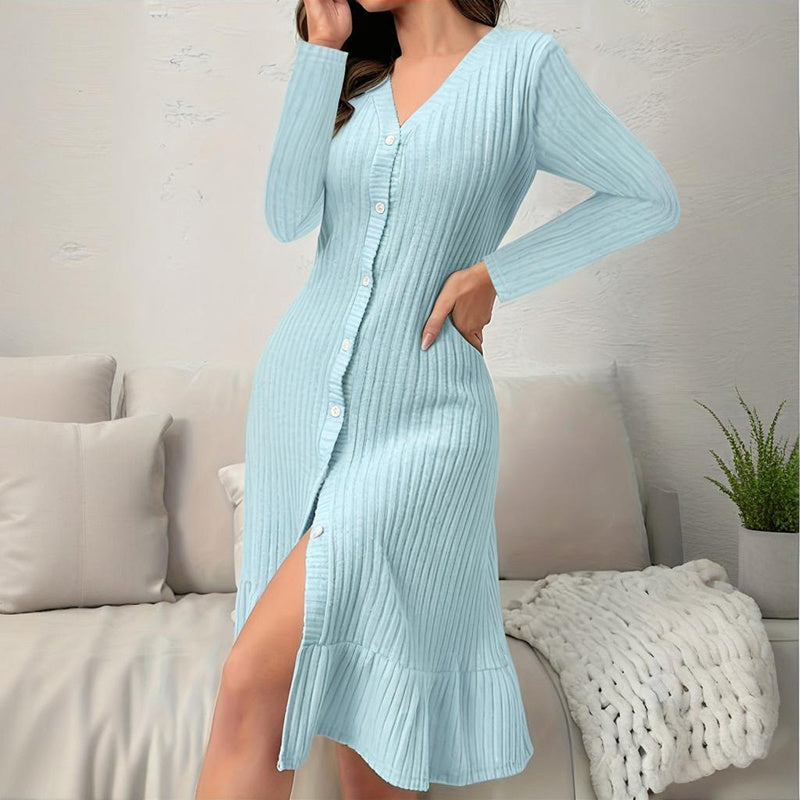 Women's V-Neck Bodycon Midi Dress - 2025 Spring Fall Long Sleeve Button Down Elegant Dress
