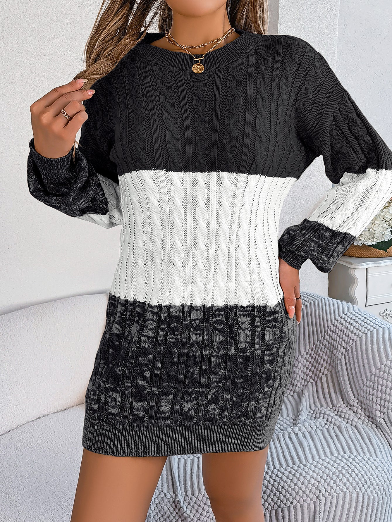 Casual Color Block Cable Knit Lantern Sleeve Sweater Dress